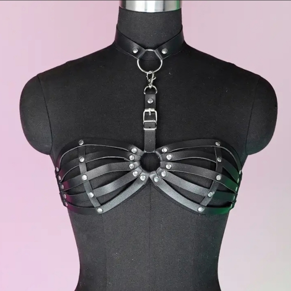 Black Cage Chest Binder Gothic Halter Harness Bra